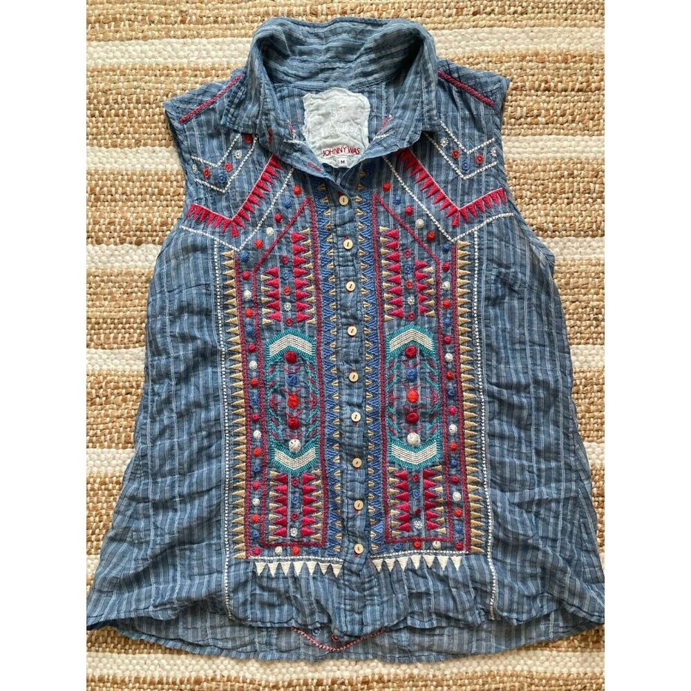 Johnny Was 3J Workshop Embroidered Blue Striped Western Sleeveless Button Down M